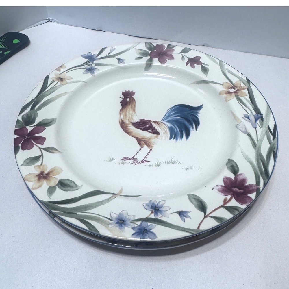 Coventry Spring Rooster Salad Plates Set of 3 Stoneware Farmhouse Floral 8"